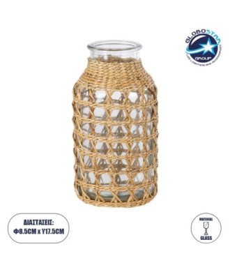 GloboStar® MANDY 35625 Διακοσμητικό Βάζο Γυάλινο Διάφανο με Μπαμπού Φ8.5 x Υ17.5cm